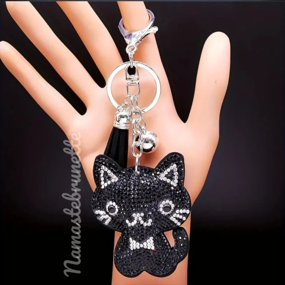 Kitty Cat Crystal Rhinestone Keychain Bag Charm With Black Tassel